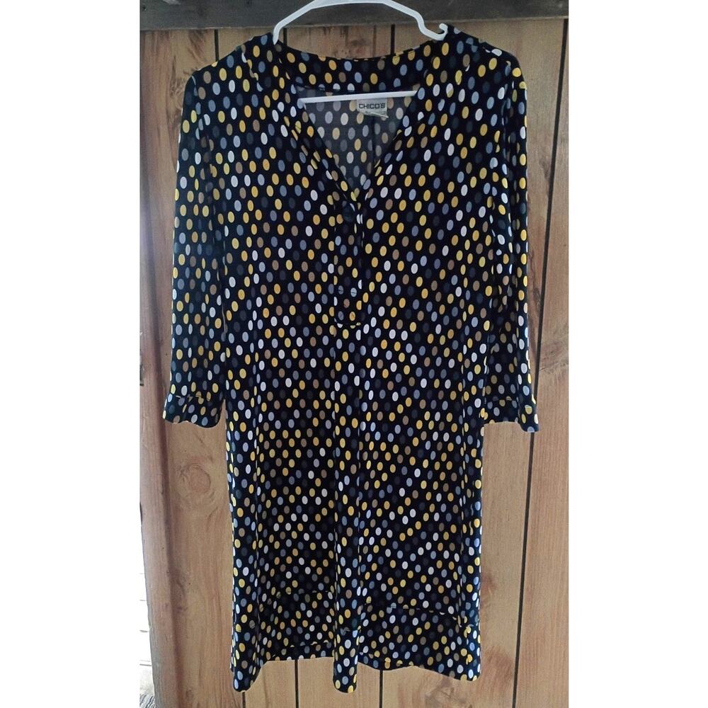 Chico's Polka Dot Shift Dress Small V Neck 3/4 Sleeve Stretch Travel Workwear